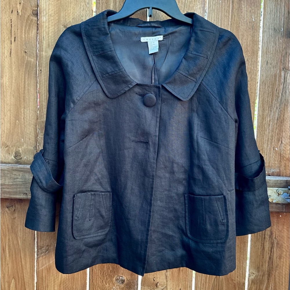 Tweeds Black Short Linen Jacket with 3/4 Bell Sleeves Fully Lined